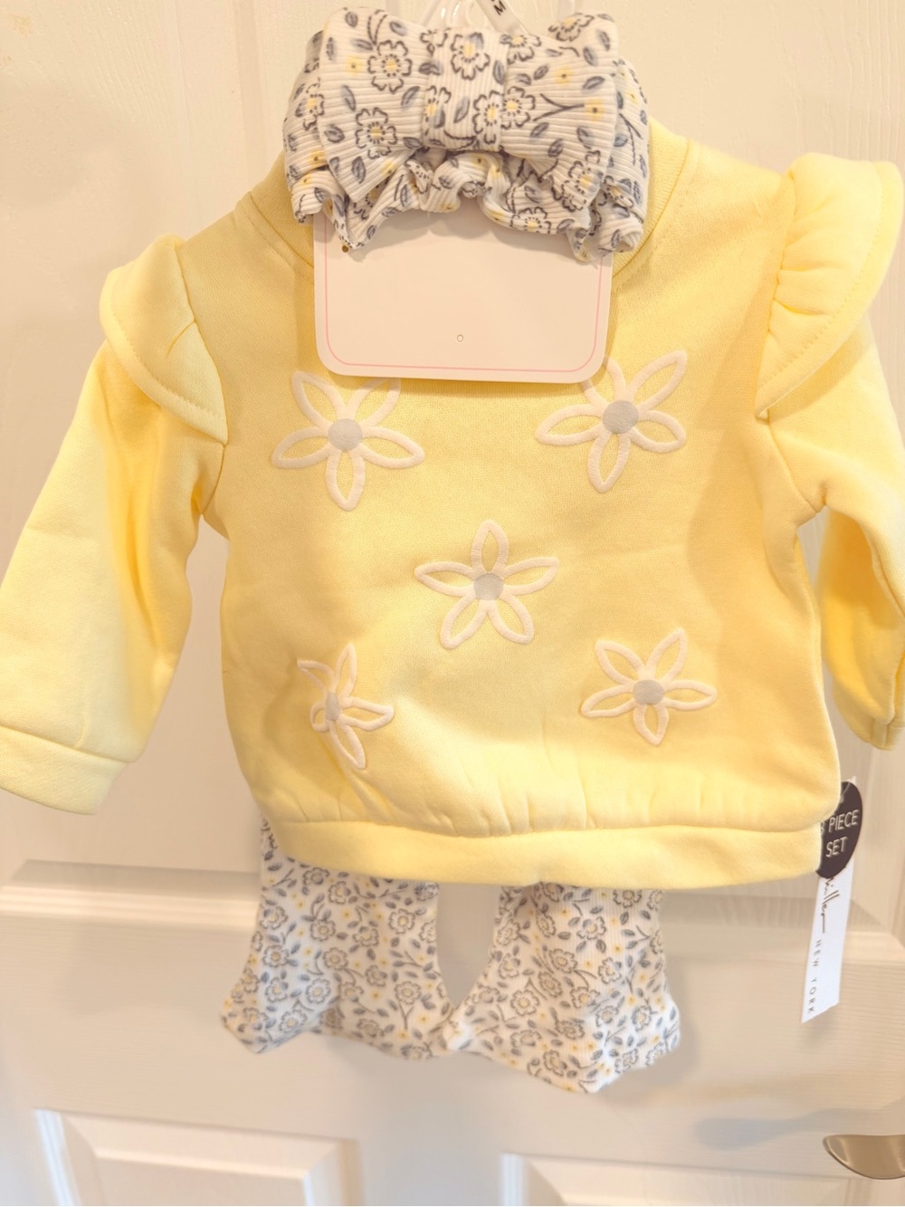 Baby Girls Yellow Floral Applique Matching Set with Headband